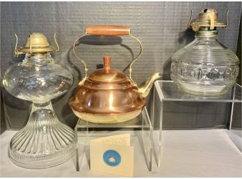 2 Vintage Clear Oil Lamp Bases And 1 Old Dutch Copperware Copper Tea Kettle (see Description)