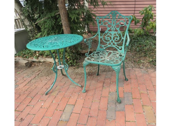 Vintage Green Wrought Iron Patio Table And Chair