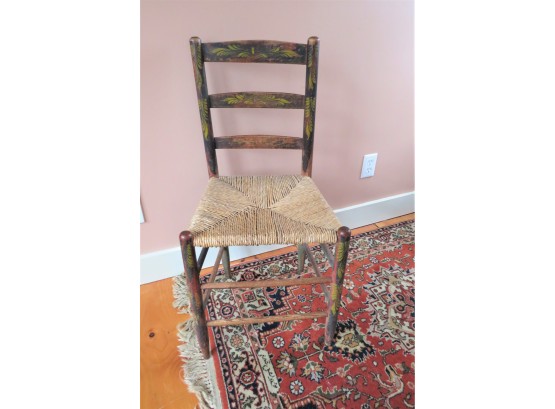 Antique Painted Decorative Stencil Chair With Rush Seat