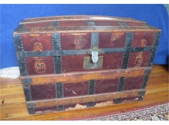Antique Leather Dome Trunk Wood Straps