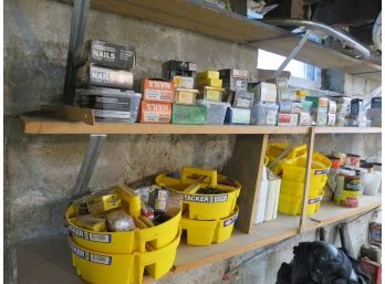 2 Shelves Of Hardware Nails, Screws, Bolts Tool Buckets