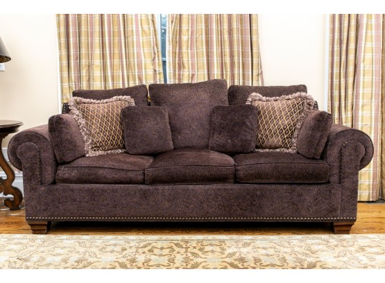 Kravet Furniture Three Cushion Sofa With Nailhead Studs And Throw Pillows