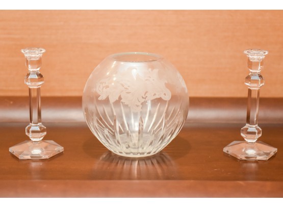 Crystal Vase And A Pair Of Val St Lambert Crystal Candlestick Holders