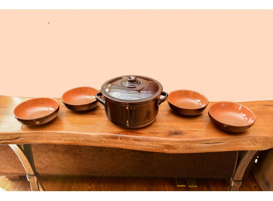 Piral Italy Terracotta Cooking Pot With Lid And Set Of Four Serving Bowls