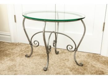 Decorative Hammered Wrought Iron Oval Shaped Table With Glass Top