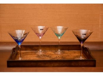 Set Of Four Marquis Waterford Crystal Martini Glasses And Wooden Serving Tray