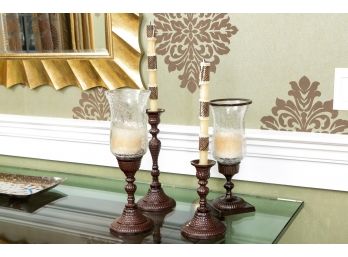 Set Of Four Decorative Candlestick And Hurricane Candle Holders