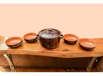Piral Italy Terracotta Cooking Pot With Lid And Set Of Four Serving Bowls