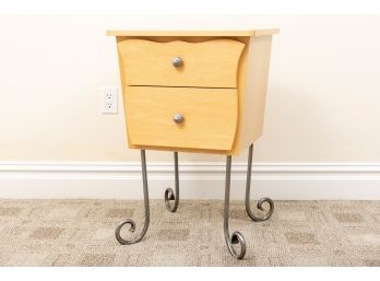Whimsical Two Drawer Side Table With Scrolled Metal Legs