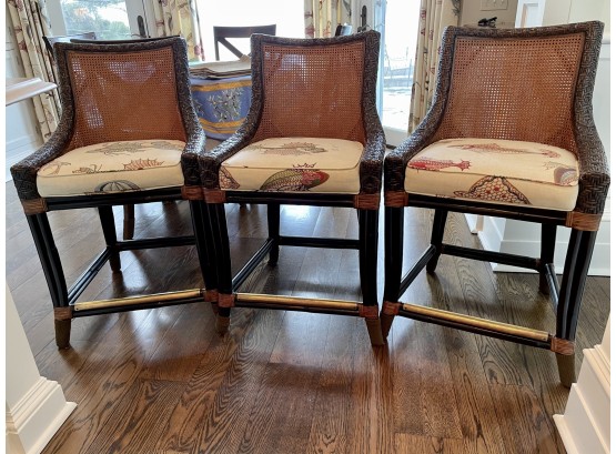 Three Artistica Brand Counter Stools With Upholstered Seats & Double Walled Caned Backs