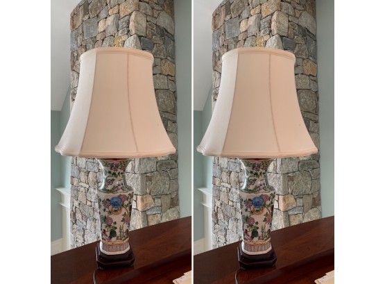 Pair Of Famille Rose Style Porcelain Lamps