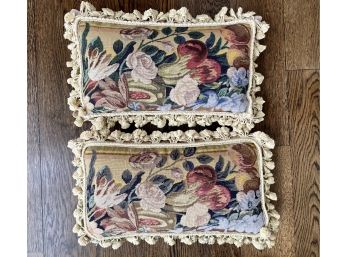 Pair Of Floral Needlepoint Pillows With Tassel Fringe Trim