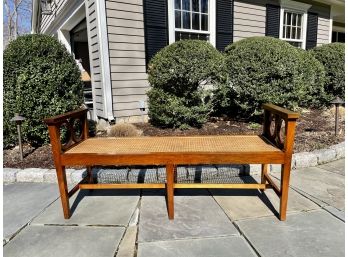 Three Seater Backless Wood Bench With Caned Seat