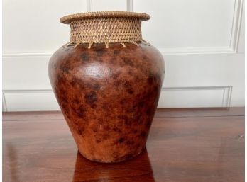 Artisan Made Clay Vase With Woven Basket Rim