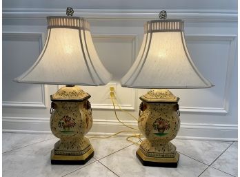 Pair Of Yellow Floral Painted Lamps With Silk Shades