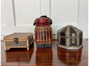 Trio Of Unique Decorative Covered Boxes Including Hand Painted Red Lidded Box From Japan