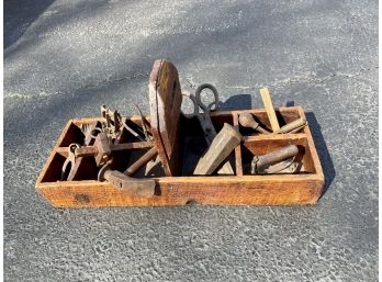 Antique Wood Caddy Filled With Antique Tools