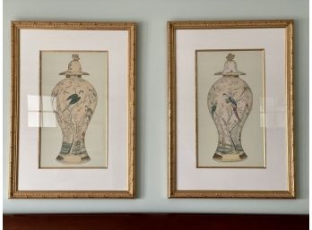 Pair Of Framed Hand Painted Covered Ginger Jars Applied To Paper, Paid $990