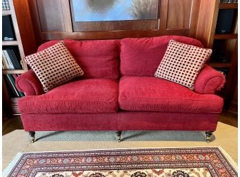 Quality Red Two Cushion Sofa With Coordinating Throw Pillows