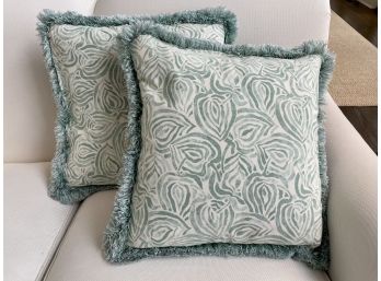 Pair Of Aqua Blue & Cream Colored Custom Made Throw Pillows