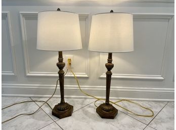 Pair Of Tall Column Side Lamps With Barrel Shades