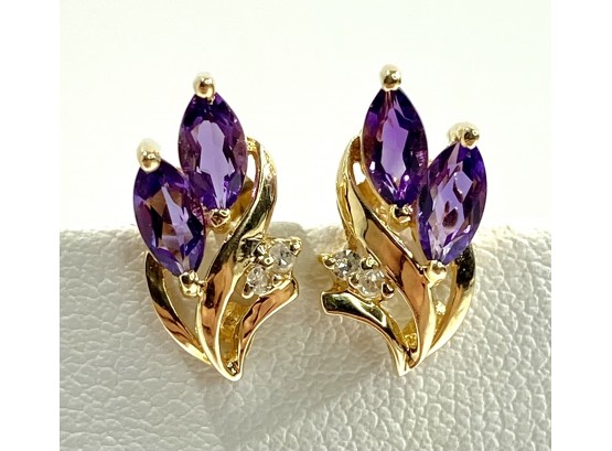 Beautiful Pair Of  14 K Yellow Gold , Amethyst & Diamond Earrings