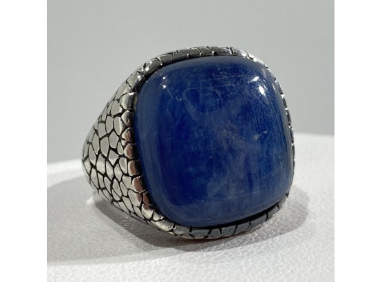 Large Sterling Silver Ring With Polished Blue Stone - Snake Skin Texture Sides