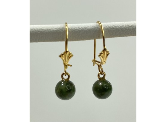 Pair Of Vintage 14 K Yellow Gold & Jade Ball Dangle Earrings