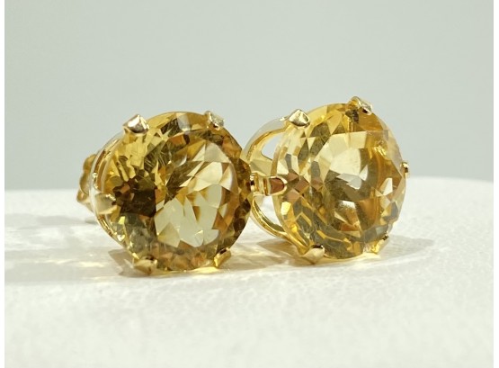 Pair Of 14 K Yellow Gold & Pale Yellow Citrine  ? Large Stud Earrings