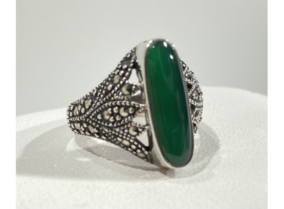 Beautiful Sterling Silver , Marcasite & Jade Ring  - Deco Look -