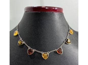 Fantastic Sterling Silver & 3 Color Amber Heart Necklace