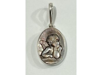 Sterling Silver & Carved Mother Of Pearl Angel Pendant  -Signed Sajen -