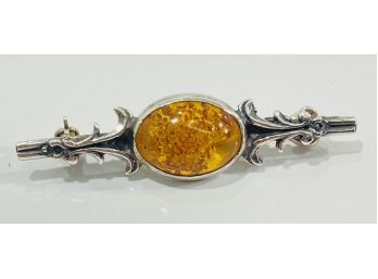 Vintage Sterling Silver & Polished Amber Bar Pin