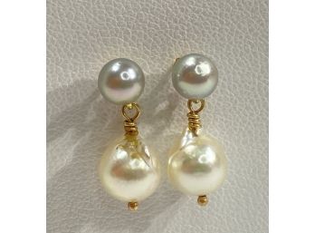 Pair Of 14 K Yellow Gold , White & Gray Pearl Dangle Earrings