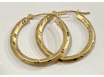 Pair Of 14 K Yellow Gold Hoop Earrings - Diamond Cut Accents -