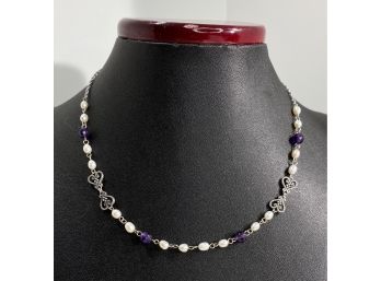 Sterling Silver , Amethyst & Pearl Necklace