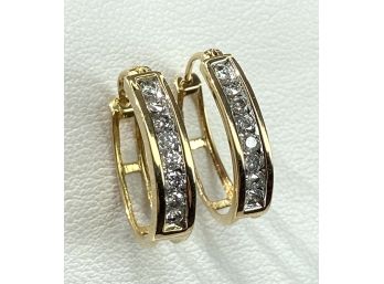 Gorgeous Pair Of 10 K Yellow Gold & Diamond Hoop Earrings