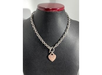 Heavy Sterling Silver Round Link Toggle Necklace With Heart