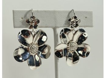 Pair Of Large Sterling Silver Flower Form Dangle Earrings