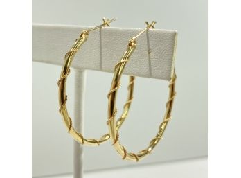 Pair Of Large 14 K Yellow Gold Hoop Earrings  - Wire Wrapped Design -