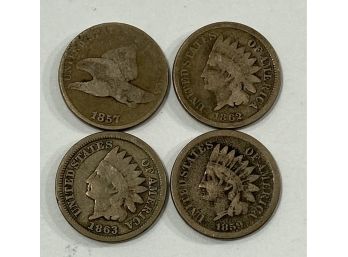 Lot Of Early US Indian Head Pennies & Flying Eagle Cent    1857 , 1859 , 1862 & 1863