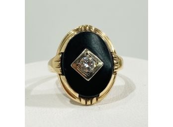 Antique 10 K Yellow Gold , Black Onyx & Diamond Oval Ring