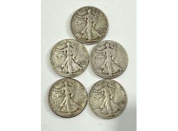 Lot Of 5 Old US Silver Walking  Liberty Half Dollars    -1942, 1942-D, 1942-S & 1945