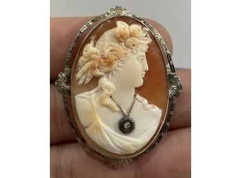 Antique 14 K White Gold & Large Carved Shell Cameo With Diamond Brooch / Pendant