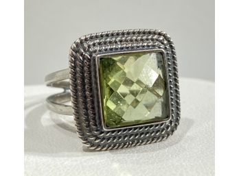 Sterling Silver & Large Peridot  Square  Ring  - Rope Design -