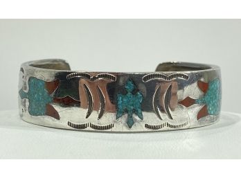 Vintage  Sterling Silver , Inlaid Turquoise & Red Coral Native American Cuff Bracelet  - Thunderbirds -