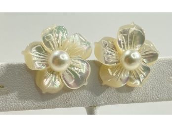 Pair Of Sterling Silver , Pearl & Carved Mother Of Pearl Flower Form Earrings