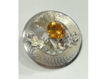 Amazing Antique Sterling Silver Scottish Thistle Brooch With Citrine  - Fully Hallmarked -