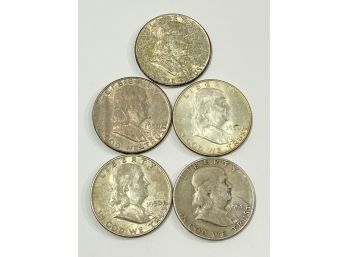 Lot Of 5 Old US Silver Franklin  Half Dollars    -1949,1950 ,  1950-D, 1951-S