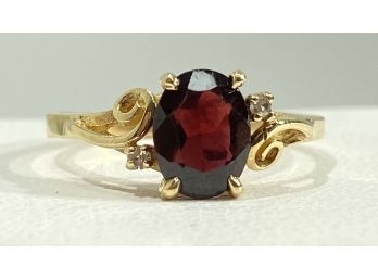 14 K Yellow Gold & Garnet Ring With Diamond Accents